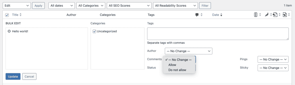 Posts - Bulk Editing Comment status
